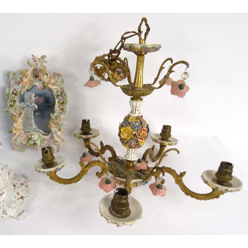 249 - Continental china putti mirror, centrepiece and candlestick and a similar chandelier and Victorian a... 