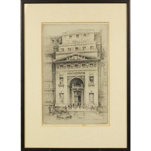 345 - Sydney R. Jones - Pencil signed etching of cars and figures before an archway, mounted and framed, 3... 