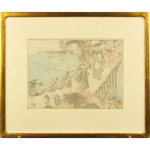 351 - Oriental woodblock print of elders and fisherman on a bridge, mounted and gilt framed, 26cm x 19cm e... 