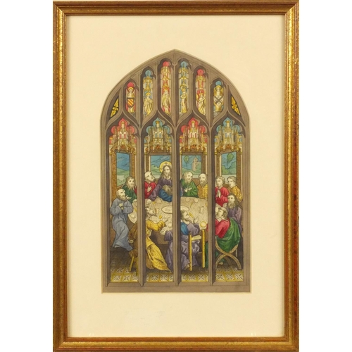 352 - Three coloured print's of stained glass windows including figures on horseback, each mounted and gil... 