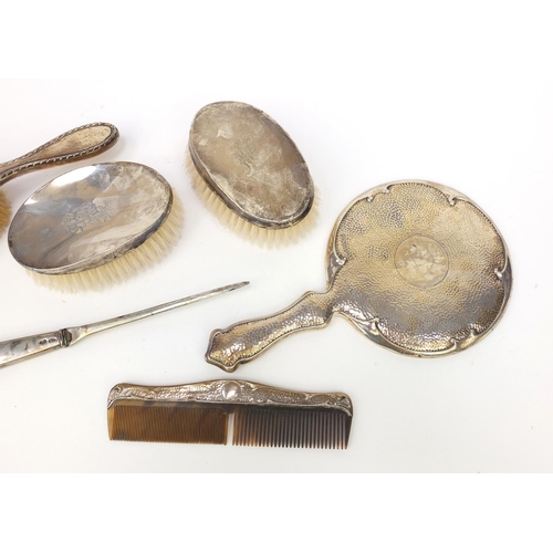 358 - Group of five silver backed vanity items together with a silver handled paper knife various hall mar... 