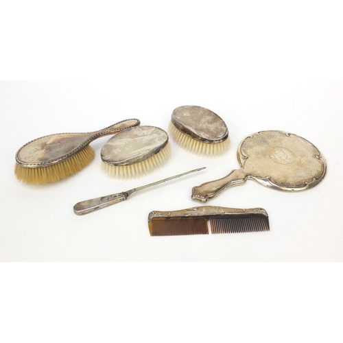 358 - Group of five silver backed vanity items together with a silver handled paper knife various hall mar... 