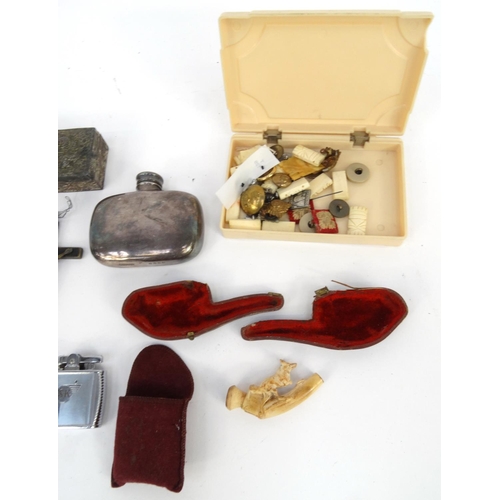 388 - Objects including a meerschaum pipe, military buttons, Ronson lighter, silver plated hip flask, etc