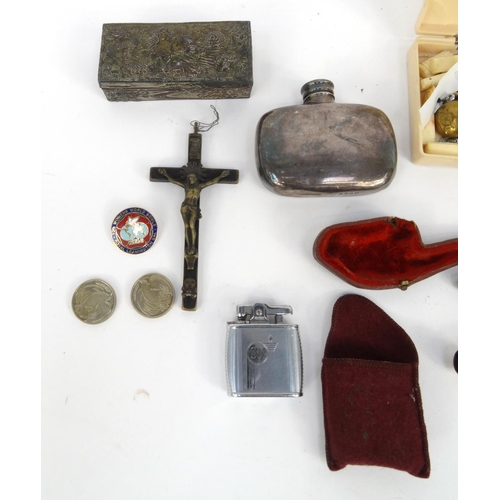 388 - Objects including a meerschaum pipe, military buttons, Ronson lighter, silver plated hip flask, etc