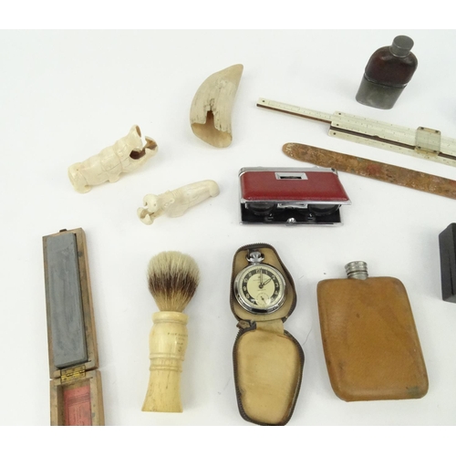 413 - Box of items including ivory shaving brush, Ingersoll pocket watch, hip flasks, bottle stops, etc