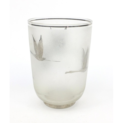 432 - WITHDRAWN Frosted glass vase with a silver inlay decorated with flying birds, 22cm high