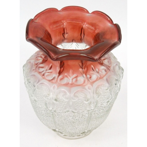 434 - Large Victorian moulded floral glass oil lamp shade with red stained top, 23cm high