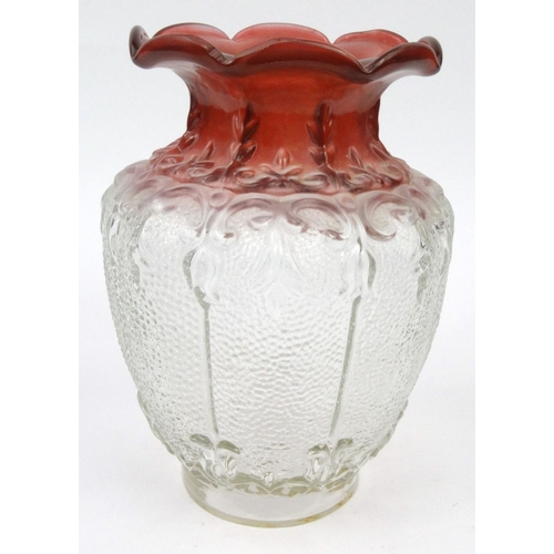 434 - Large Victorian moulded floral glass oil lamp shade with red stained top, 23cm high