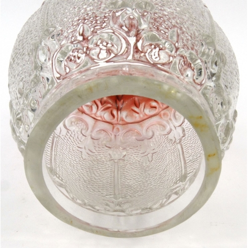 434 - Large Victorian moulded floral glass oil lamp shade with red stained top, 23cm high