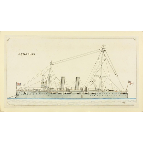 603 - R.C.W. - Unframed ink and watercolour onto paper of HMS Aeolus Second Class Cruiser, 59cm x 31cm