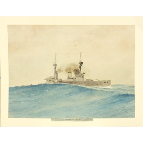 604 - F. Turnell - Unframed watercolour onto paper of H.M.S. Inflexible, 35cm x 26cm