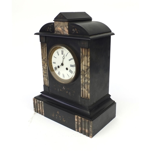 464 - Victorian black slate and marble mantle clock with enamel dial and pendulum,  41cm high