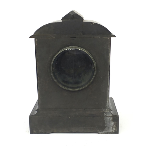 464 - Victorian black slate and marble mantle clock with enamel dial and pendulum,  41cm high