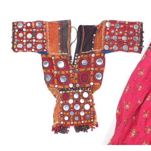 514 - Indian Banjari skirt and bodice with mirrored panels and embroidered with geometric designs, with ca... 