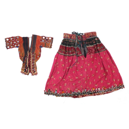 514 - Indian Banjari skirt and bodice with mirrored panels and embroidered with geometric designs, with ca... 