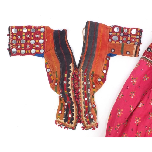 514 - Indian Banjari skirt and bodice with mirrored panels and embroidered with geometric designs, with ca... 