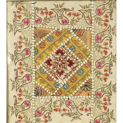 549 - Two Middle Eastern embroidered and beaded fabric panels with geometric designs, both framed, each 36... 