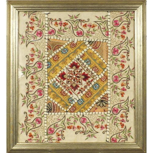 549 - Two Middle Eastern embroidered and beaded fabric panels with geometric designs, both framed, each 36... 