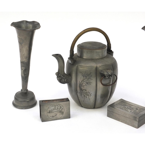 551 - Collection of oriental Chinese pewter items including swing handled teapot, pair of vases, hinged bo... 