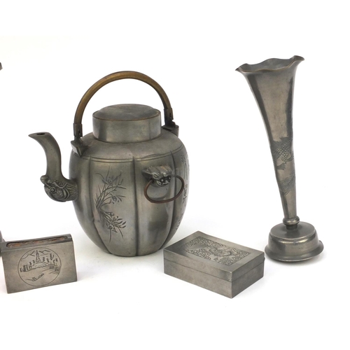 551 - Collection of oriental Chinese pewter items including swing handled teapot, pair of vases, hinged bo... 