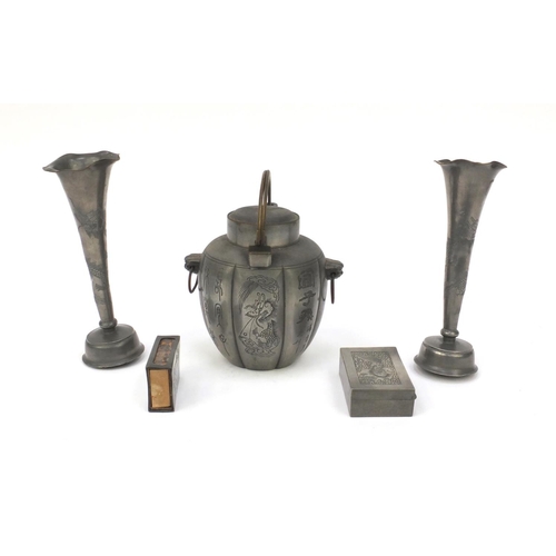 551 - Collection of oriental Chinese pewter items including swing handled teapot, pair of vases, hinged bo... 