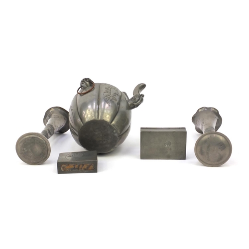 551 - Collection of oriental Chinese pewter items including swing handled teapot, pair of vases, hinged bo... 