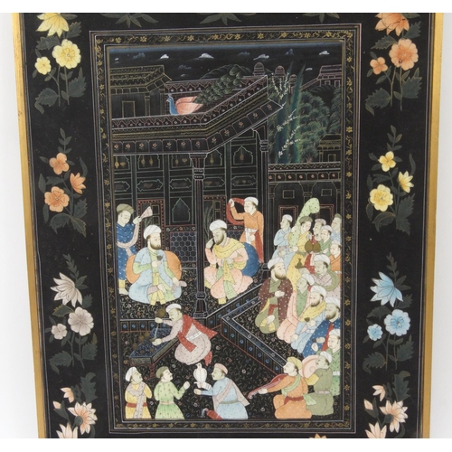 556 - Middle Eastern watercolour onto silk of figures receiving gifts, framed, 54cm x 39cm excluding the f... 