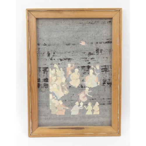 556 - Middle Eastern watercolour onto silk of figures receiving gifts, framed, 54cm x 39cm excluding the f... 