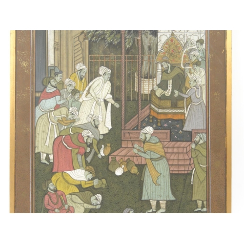 557 - Middle Eastern watercolour onto silk of figures receiving gifts, framed, 51cm x 32cm excluding the f... 