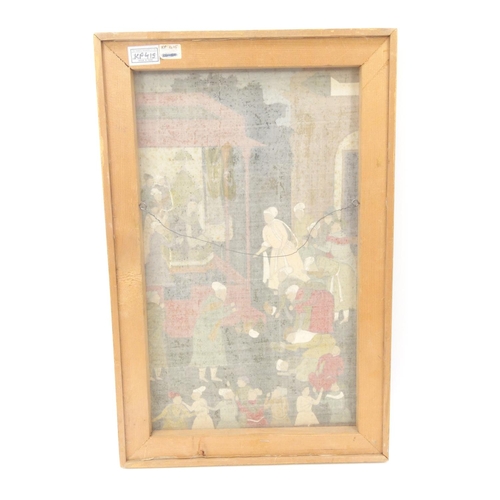 557 - Middle Eastern watercolour onto silk of figures receiving gifts, framed, 51cm x 32cm excluding the f... 