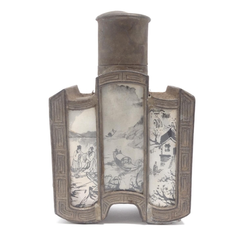 563 - Oriental pewter and glass bottle