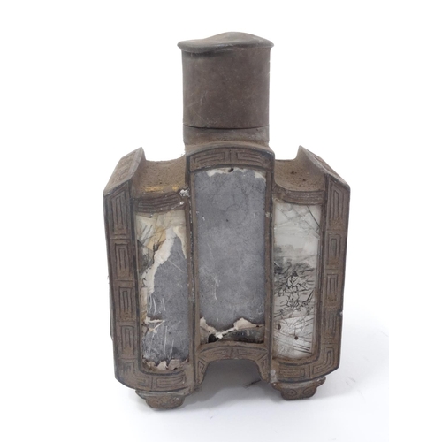 563 - Oriental pewter and glass bottle