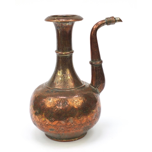 564 - 19th Century Middle Eastern copper floral chased water pot, 33cm high