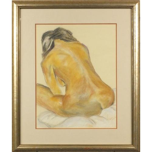 115 - Pastel onto paper of a seated nude lady bearing an indistinct signature, mounted and framed, 40cm x ... 