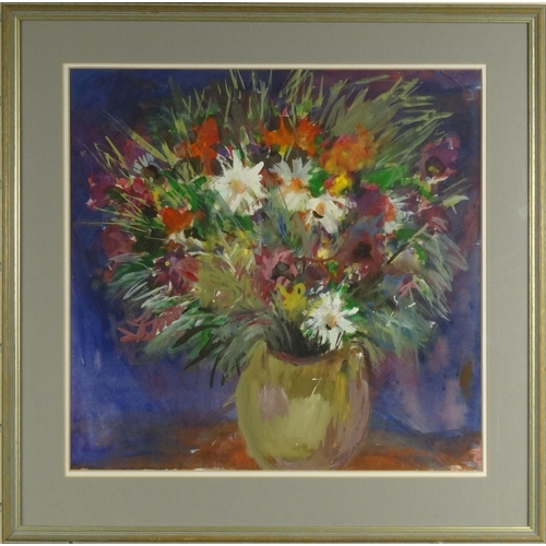 138 - Mixed media view of flowers in a vase, signed Venetia Roland, label to the reverse, mounted and fram... 