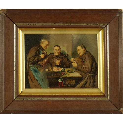 180 - Pair of Victorian oleographs of monks eating and playing cards, housed in contemporary frames, each ... 