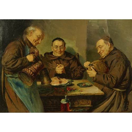 180 - Pair of Victorian oleographs of monks eating and playing cards, housed in contemporary frames, each ... 