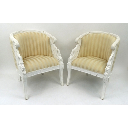 2034 - Pair of French empire style tub chairs with swan arms and striped upholstery, each 87cm high