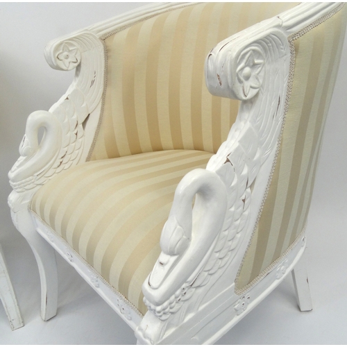 2034 - Pair of French empire style tub chairs with swan arms and striped upholstery, each 87cm high