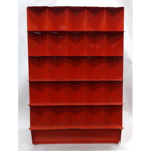 131 - Vintage red painted metal shelving unit, 143cm high