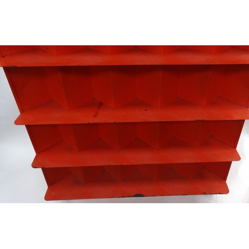 131 - Vintage red painted metal shelving unit, 143cm high