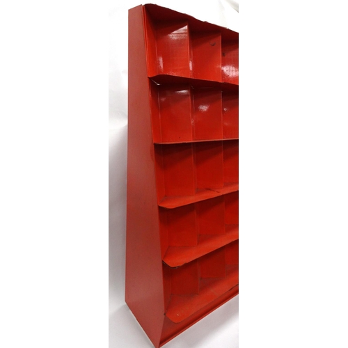 131 - Vintage red painted metal shelving unit, 143cm high