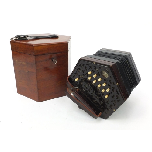 341 - Victorian Lachenal & Co Rosewood concertina with twenty one buttons and steel reeds, serial no: 1892... 