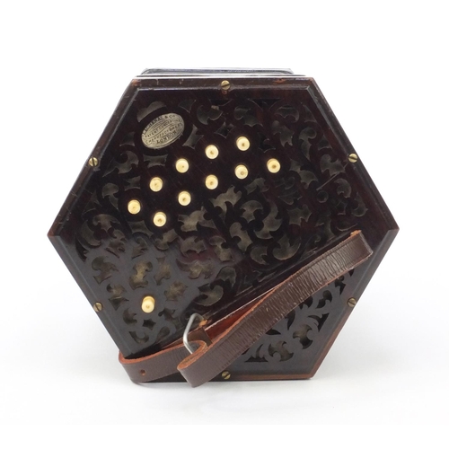 341 - Victorian Lachenal & Co Rosewood concertina with twenty one buttons and steel reeds, serial no: 1892... 