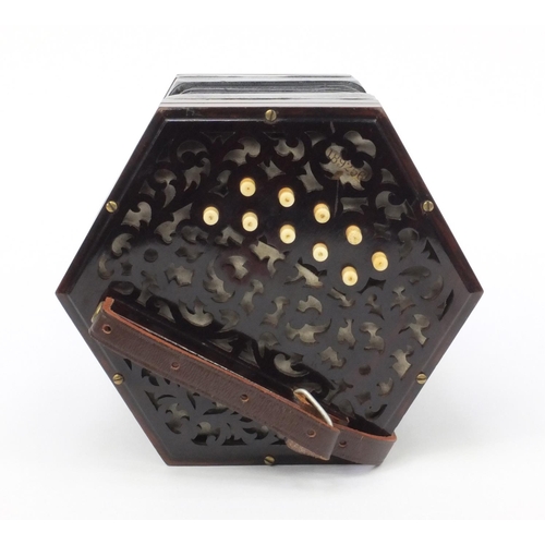 341 - Victorian Lachenal & Co Rosewood concertina with twenty one buttons and steel reeds, serial no: 1892... 