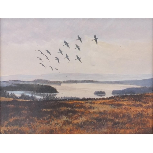 1005 - Berrisford Hill - Two oil onto board views, one of greylag geese, the other of a fox and a pheasant,... 