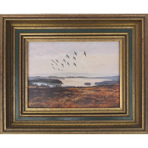 1005 - Berrisford Hill - Two oil onto board views, one of greylag geese, the other of a fox and a pheasant,... 