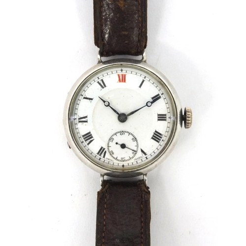 384 - Military interest silver trench watch with enamel dial, interior marked 'GS925', numbered 92983, the... 