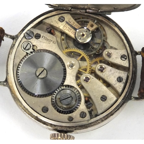 384 - Military interest silver trench watch with enamel dial, interior marked 'GS925', numbered 92983, the... 