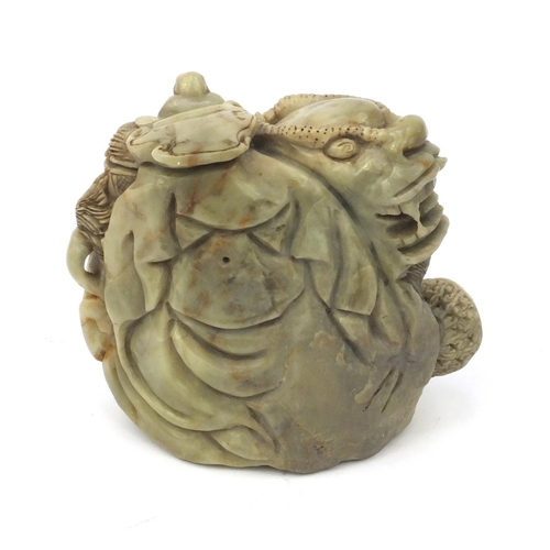 542 - Chinese soapstone carving of a mythical beast and three elders, 16cm high